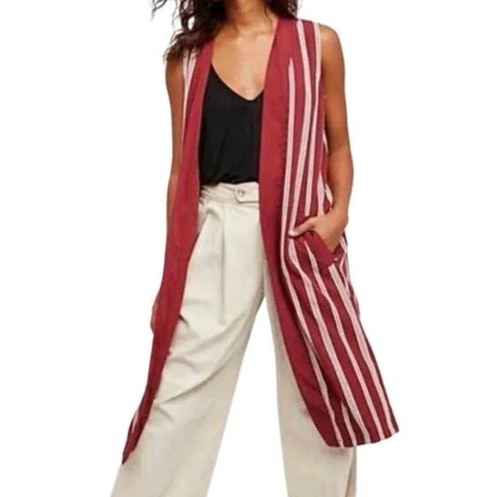 Free People Between the Lines Red Pinstripe Long Cardigan Vest, OS